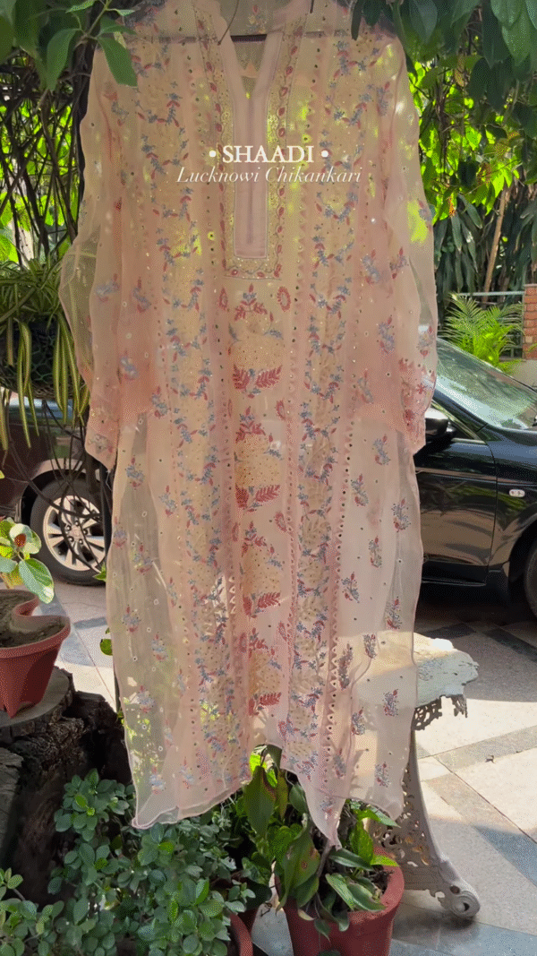 pink colour heavy chikankari suit set with koti - Image 3