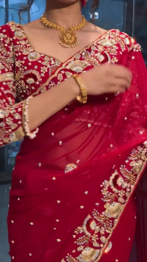 Radiant Beauty: Red Bridal Saree with Golden Embroidery - Image 6