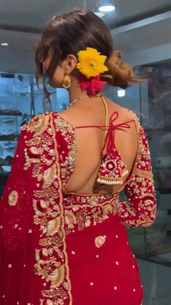 Radiant Beauty: Red Bridal Saree with Golden Embroidery - Image 3