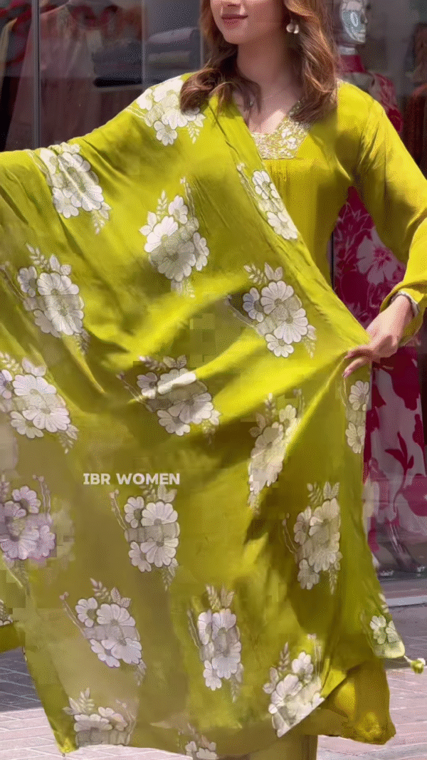 Elegant Black and Green Kurta Set with Floral Dupatta - Image 4