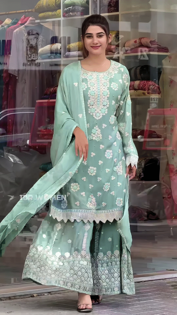 Stunning Yellow and Pista Green Embroidered Anarkali Set - Image 2